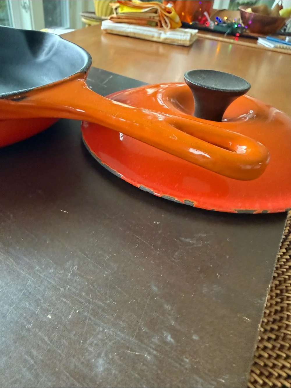 Le Creuset Orange Enameled Cast Iron Skillet. Read about the lid.